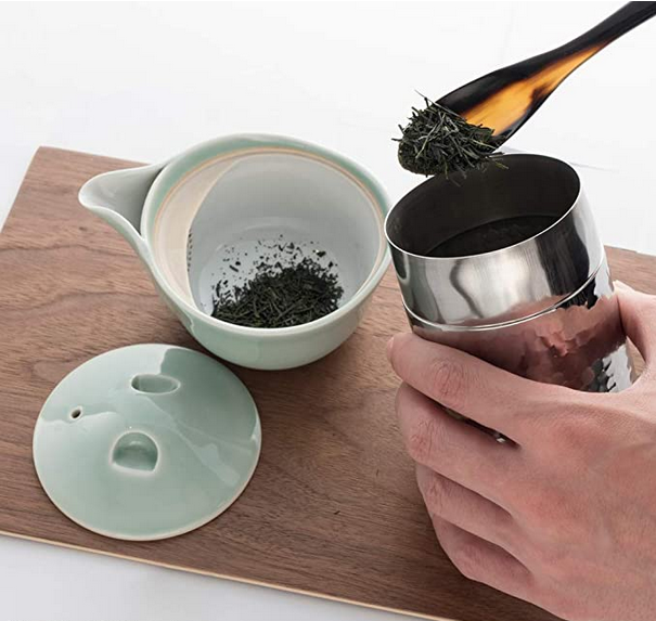 sencha tea, canister, and pot
